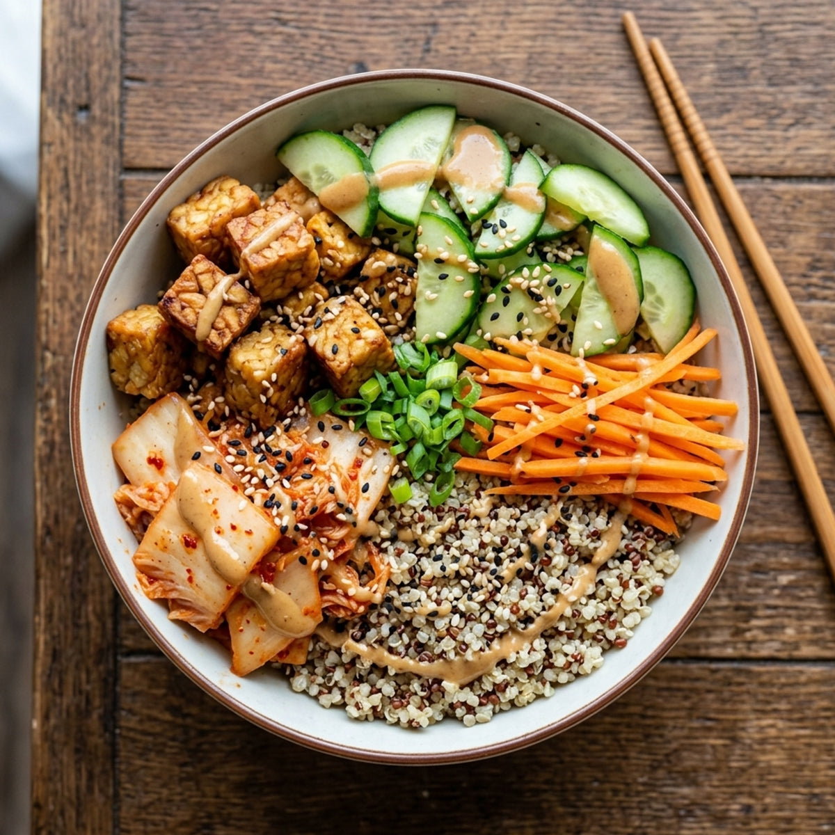 RECEPT: Buikbrein Bowl met Kimchi, Tempeh en Quinoa