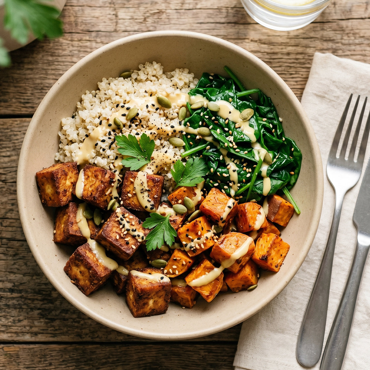 RECEPT: Botbouwers Bowl met Tofu, Spinazie, Sesam en Pompoenpitten