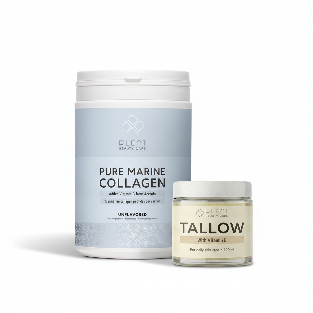 Huidverzorgingspakket: Plent Pure Marine Collageen Naturel 300 g + Tallow Balsem Vitamine E 120 ml – Combinatie