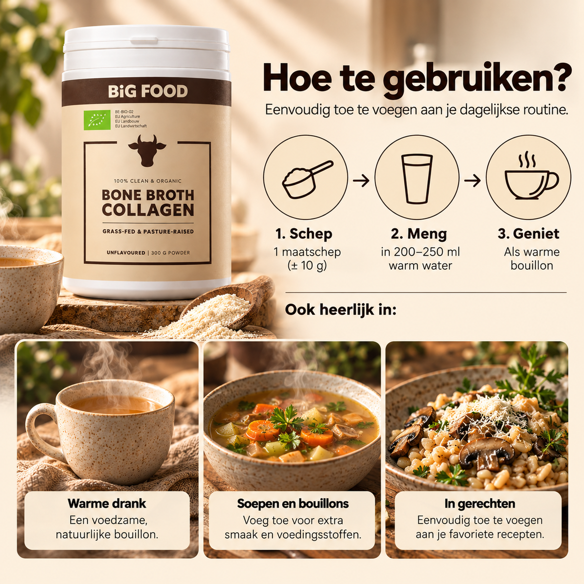 Bone Broth Collageen Poeder Bio – 4×300 g – 3+1 Gratis