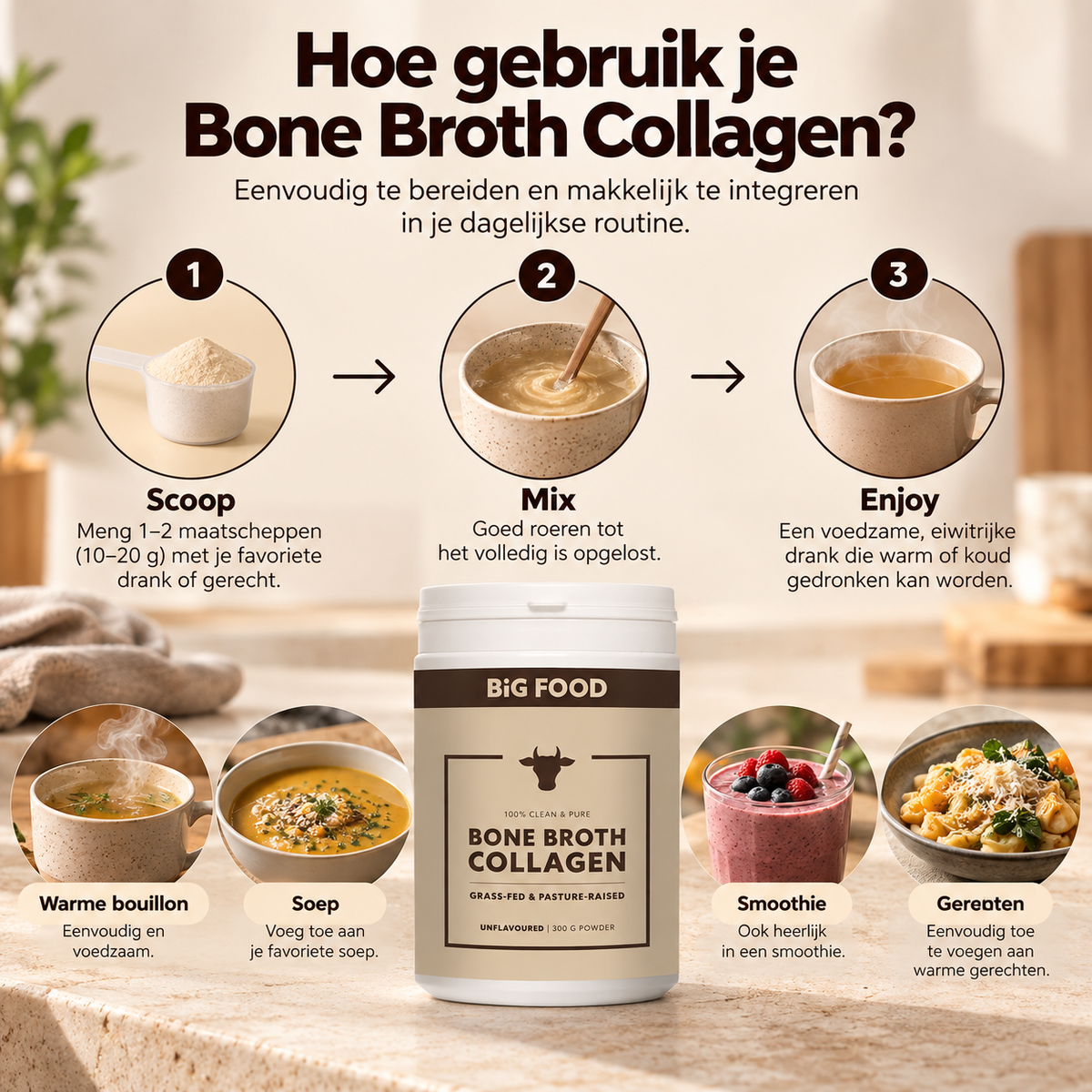 Bone Broth Collageen Poeder Classic – 4×300 g – 3+1 Gratis
