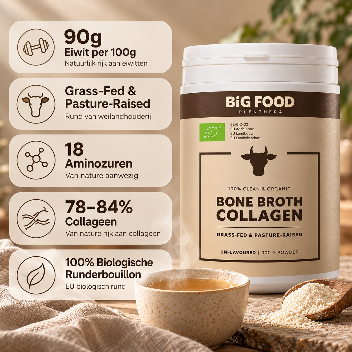 Bone Broth Collageen Poeder Bio – 4×300 g – 3+1 Gratis