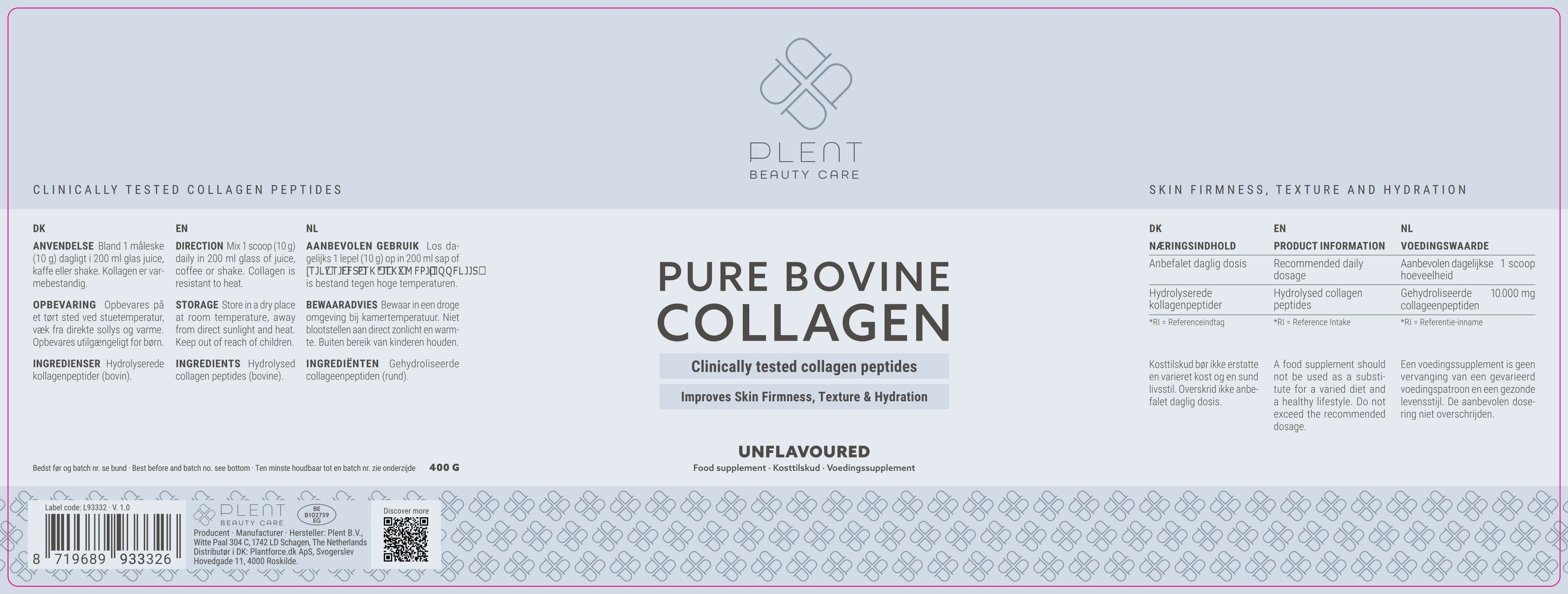 Plent Pure Bovine Collagen – Rundercollageen Peptiden – 400 g