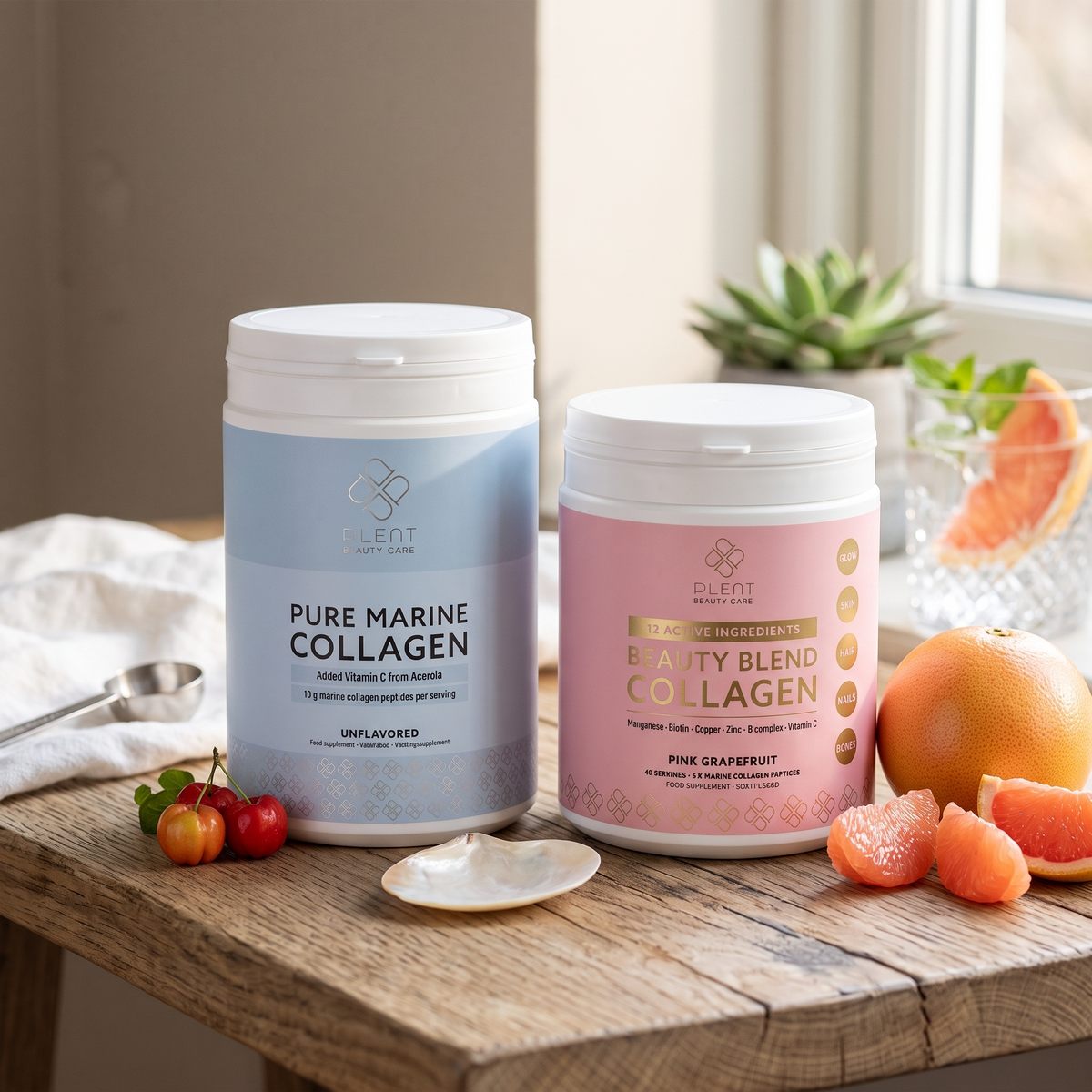 Beautypakket: Plent Pure Marine Collageen Naturel 300 g + Beauty Blend Collageen Pink Grapefruit 40 porties – Combinatie