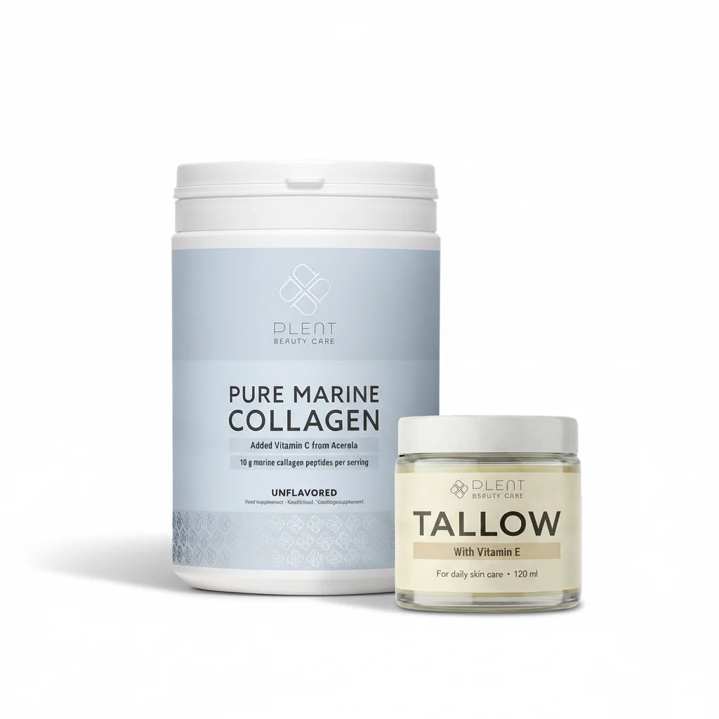 Huidverzorgingspakket: Plent Pure Marine Collageen Naturel 300 g + Tallow Balsem Vitamine E 120 ml – Combinatie