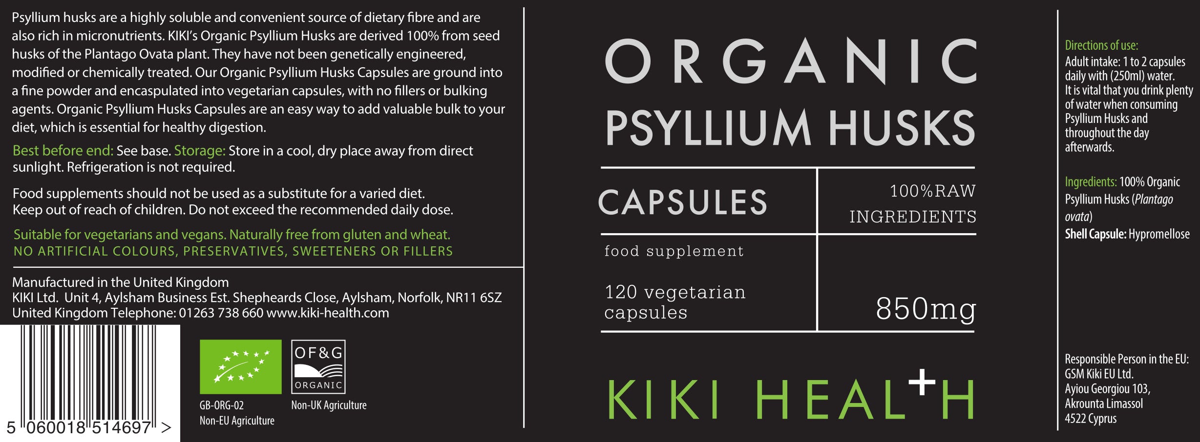 Organic Psyllium Husk Capsules – Organic Fibre Supplement – 120 Capsules