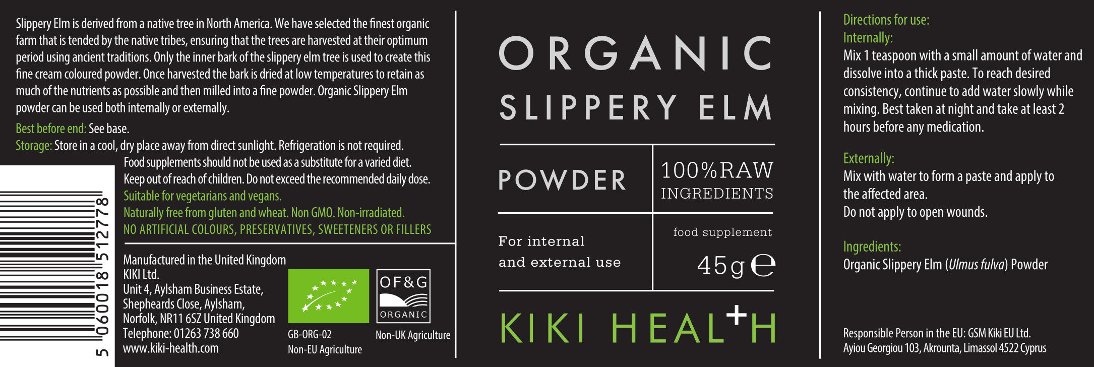 Organic Slippery Elm – Organic Bark Powder – 45 g