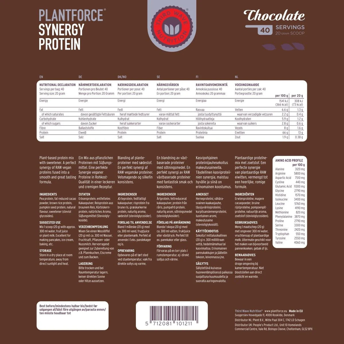 Plantforce Synergy Protein Chocolade – 3+1 gratis, 4 verpakkingen van 800 g