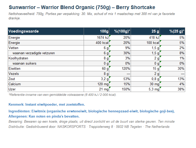 Warrior Blend – Berry Shortcake – Organic Plant-Based Protein Powder – 750 g