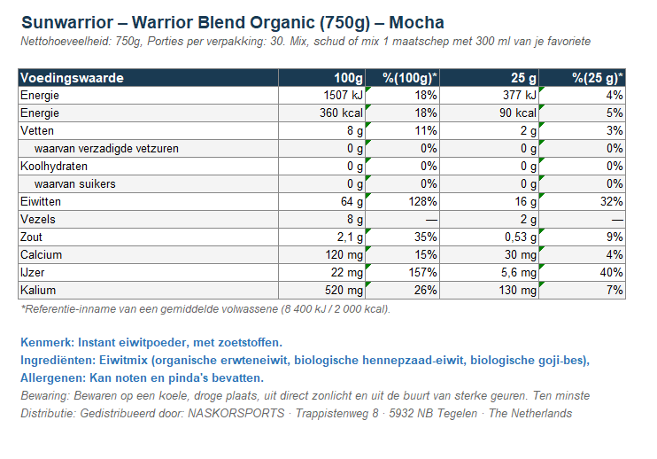Warrior Blend – Mocha – Organic Plant-Based Protein Powder – 750 g