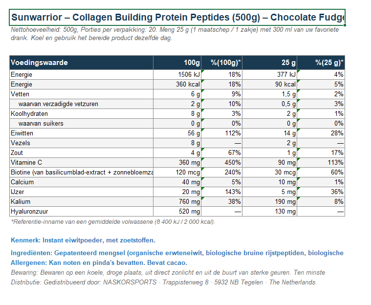 Sunwarrior - Collagen Building Protein Peptides - Chocolate - 500 g