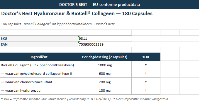 Hyaluronic Acid & BioCell® Collagen — 180 Capsules