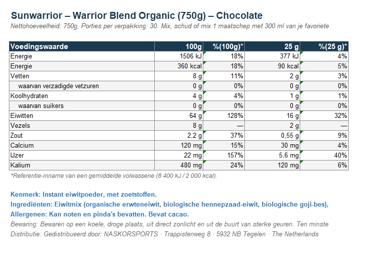Warrior Blend – Chocolate – Organic Plant-Based Protein Powder – 750 g
