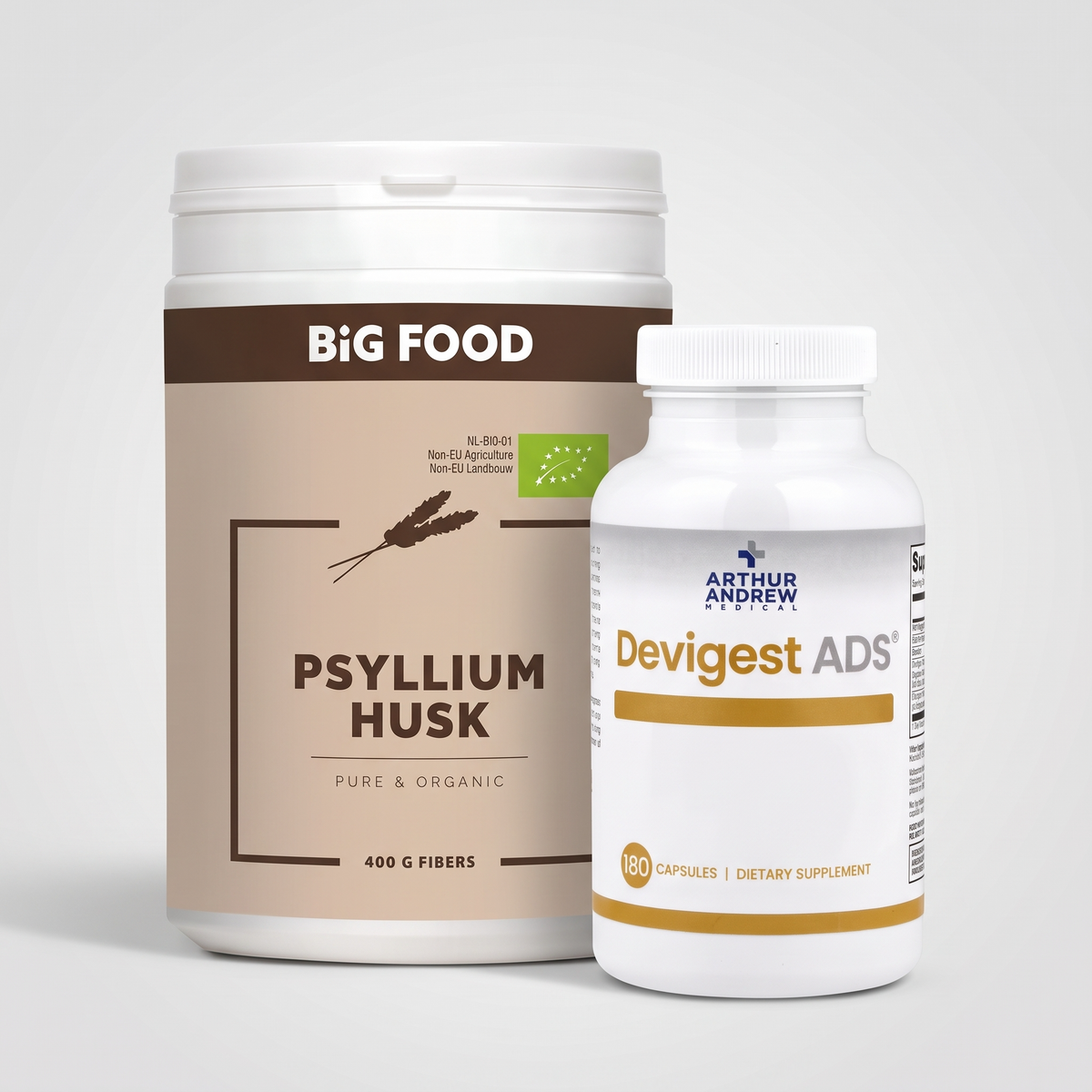 Vezels & enzymen – Psyllium Husk Puur & Bio 400 g + Devigest ADS® 180 capsules – Combinatie
