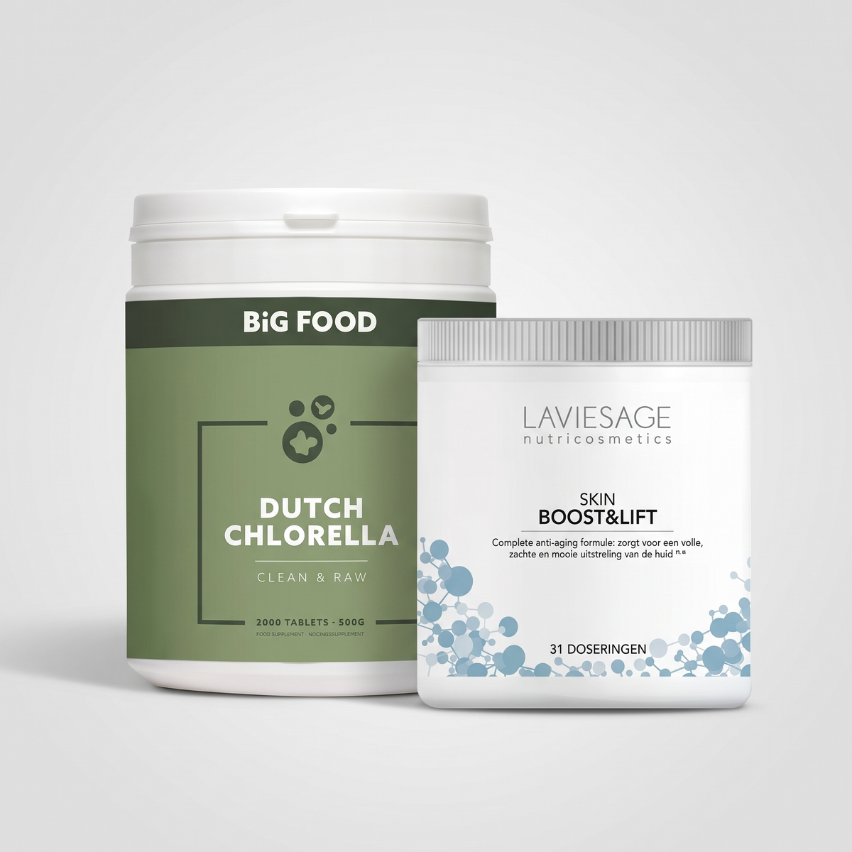 Vitality Essentials Bundle – Chlorella + Skin Boost & Lift – 500 g + 31 doseringen