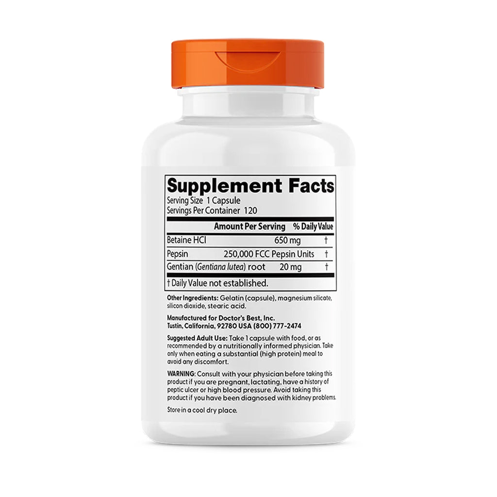 Doctor's Best - Betaine HCl Pepsin & Gentian Bitters - 120 caps