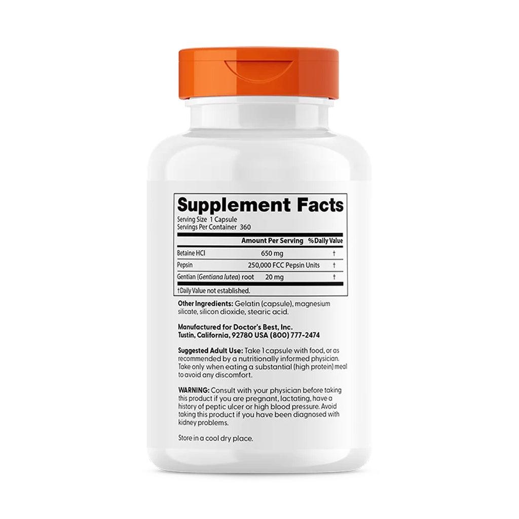 Doctor's Best - Betaine HCl Pepsin & Gentian Bitters - 360 caps