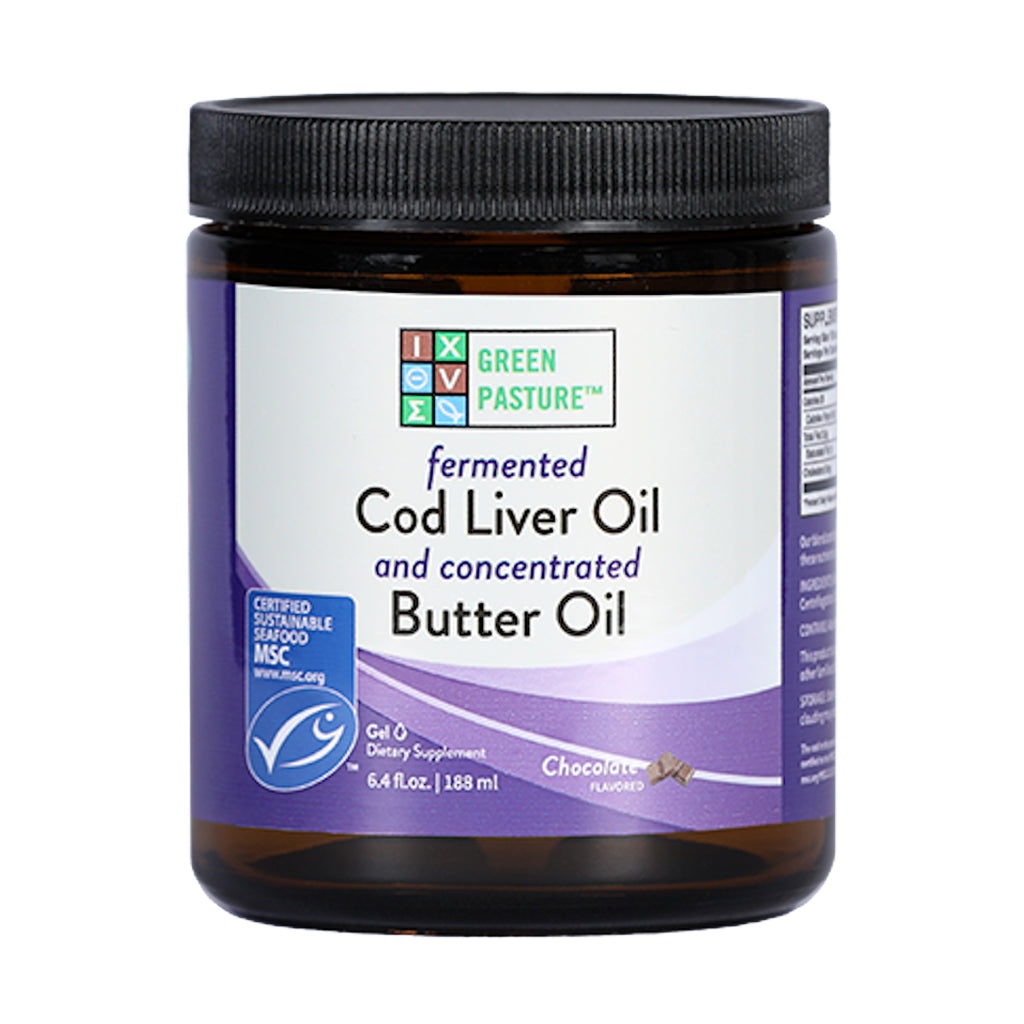 Green Pasture - Fermented Cod Liver Oil & Concentrated Butter Oil (Levertraan/Boterolie) Chocolade - 188ml gel