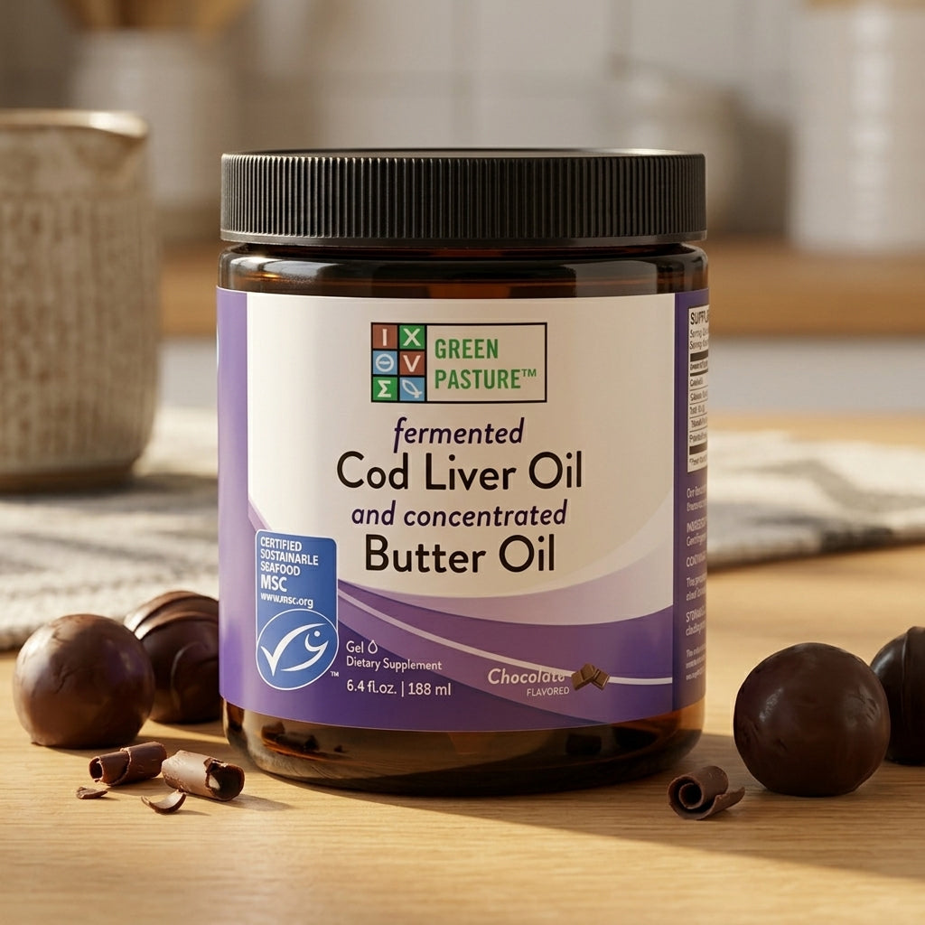 Green Pasture - Fermented Cod Liver Oil & Concentrated Butter Oil (Levertraan/Boterolie) Chocolade - 188ml gel